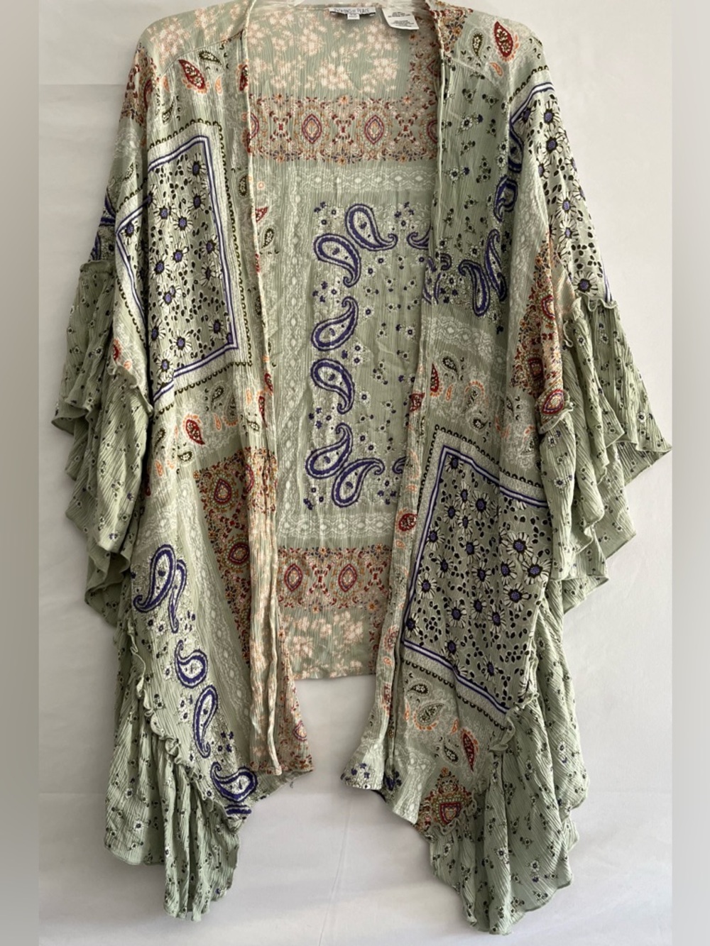 Boho Patchwork Ruffle Kimono | Sage Green Paisley Print Oversize Duster